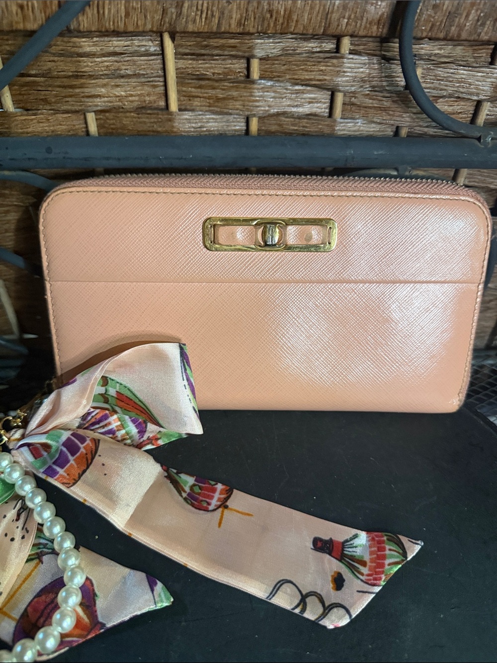 Salvatore Ferragamo Pink Zip-Around Wallet with Gold Hardware